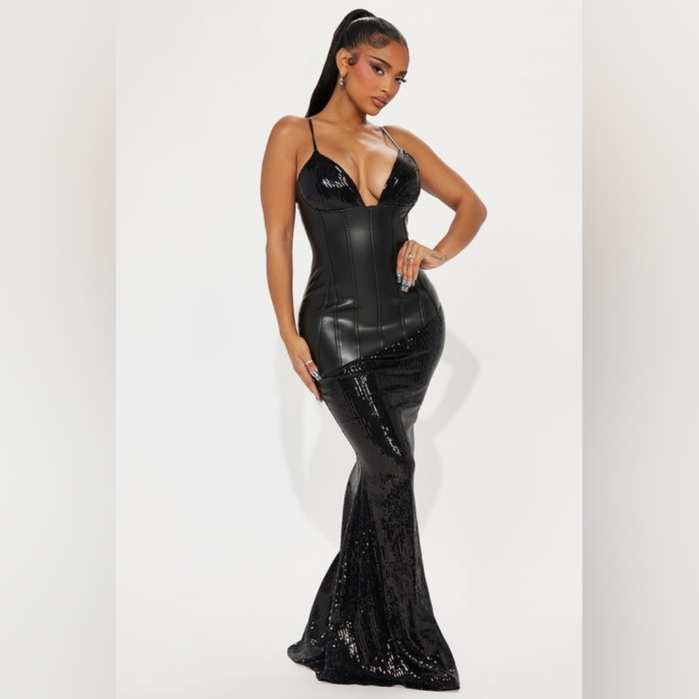 Black Faux Leather and Sequin Gown